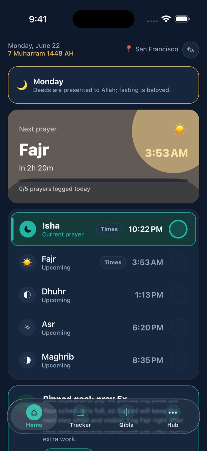 Sacred home screen showing prayer times and the next prayer card.