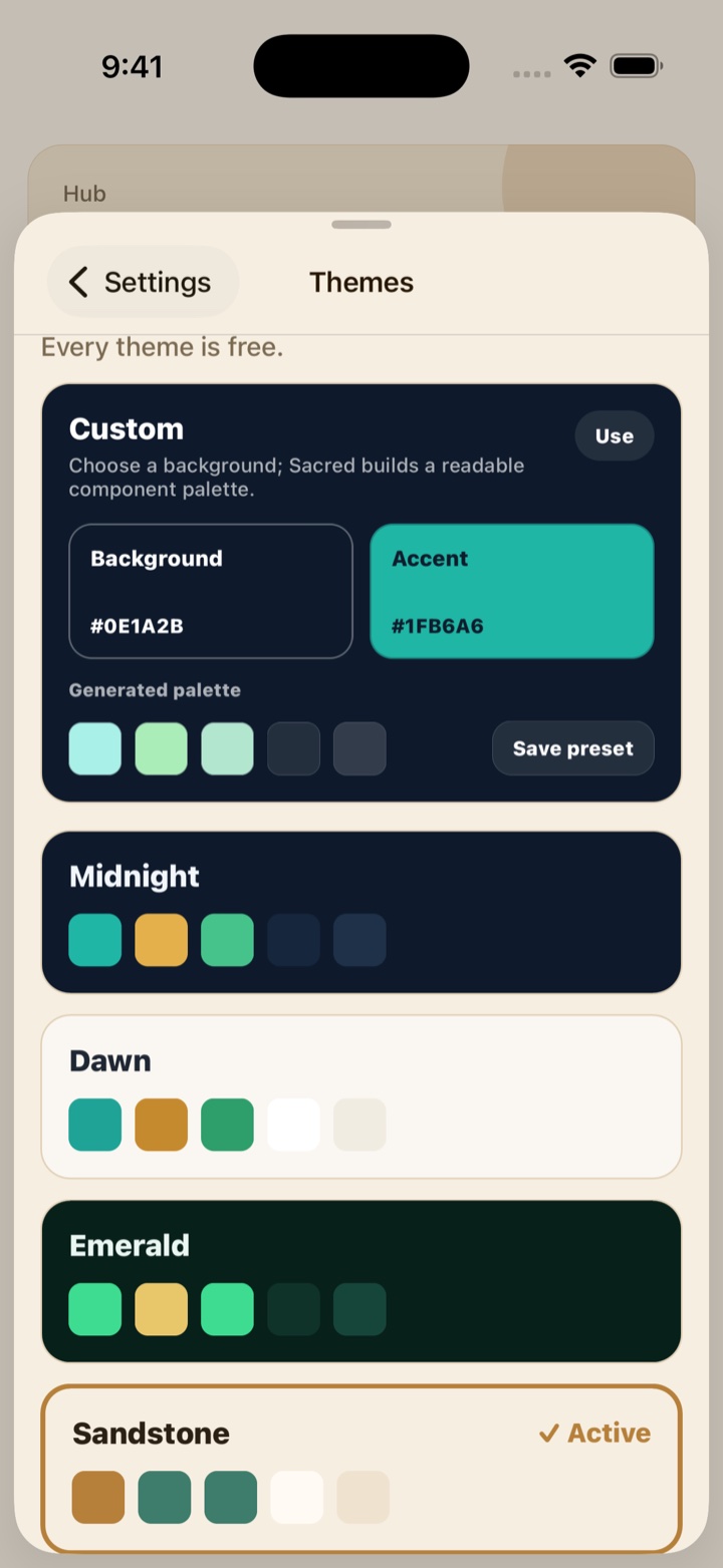 Sacred themes screen showing custom palette swatches.